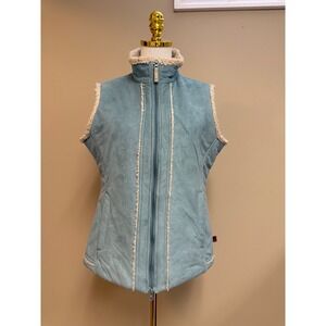 Woolrich Womens M Light Blue Suede‎ Sherpa Lined Vest Zipper Pockets